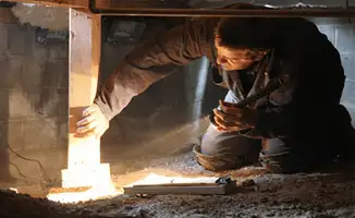 A professional inspecting wooden beams under the floor of a structure in Fort Worth, TX